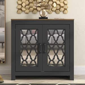 Heron 30.2 in. H X 30.9 in. W Black with Knotty Oak 12 Pairs 2 Doors Shoe Storage Cabinet
