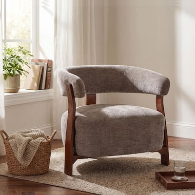 Norma Modern Brown and Walnut Polyester Upholstered Accent Arm Chair with Bent Solid Wood Legs