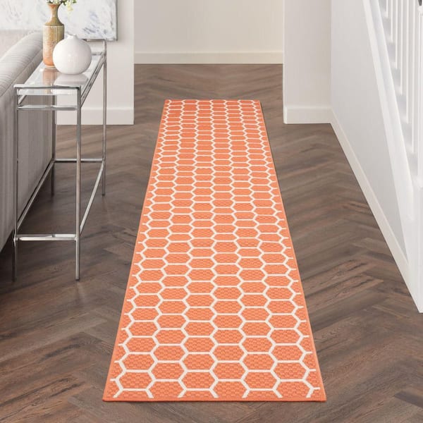 Reversible Indoor Outdoor Coral 2 ft. x 12 ft. Honeycomb Contemporary Runner Area Rug