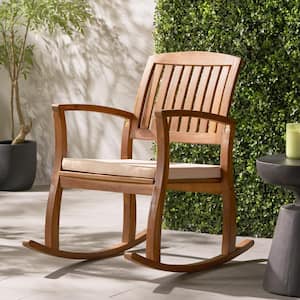 Acacia Wood Outdoor Rocking Chair with 1-Cream Cushion, Sturdy Design for Balcony, Porch, Backyard, Patio