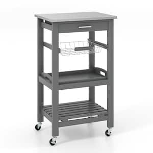 Gray Compact Island Kitchen Cart Rolling Service Trolley with Stainless Steel Top Basket