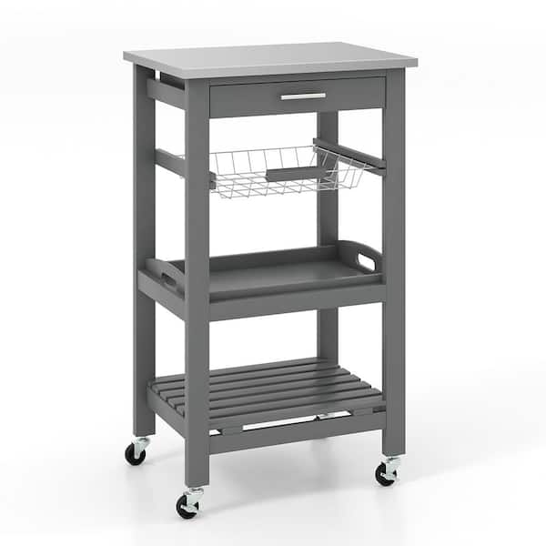 Costway Gray Compact Island Kitchen Cart Rolling Service Trolley with Stainless Steel Top Basket