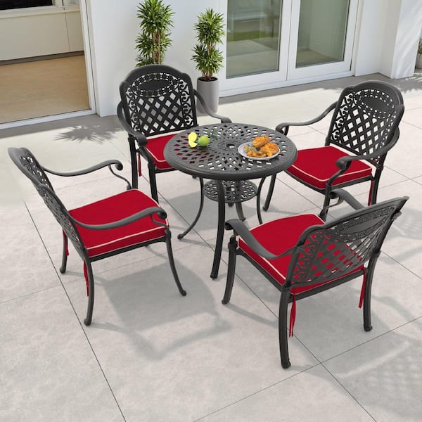 Isabella Black 5-Piece Cast Aluminum Outdoor Dining Set with Round Table and Dining Chairs and Red Seat Cushion