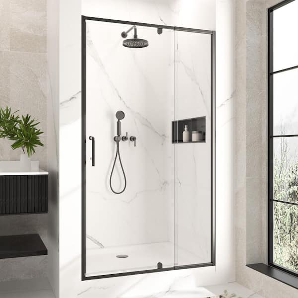 38 in.-42 in. W x 72 in. H Framed Pivot Shower Door in Black with Clear Glass