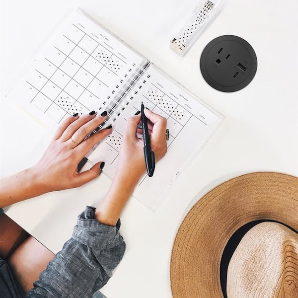 Round 15 Amp 1-Outlet and 2 Type A/C USB Black Recessed Furniture Power Strip with 10 Ft. Cord