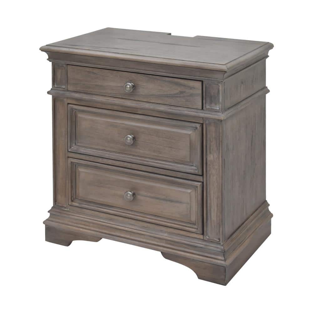 Beige Driftwood 3-Drawer Wood Nightstand with USB Ports