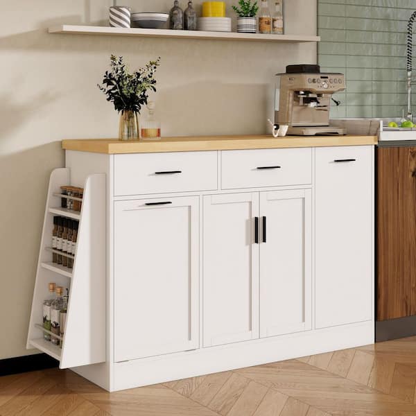Valenwick Modern White 34 in. Wood Accent Storage Cabinet Sideboard with Trash Can, Shelves and 3-Tier Spice Rack