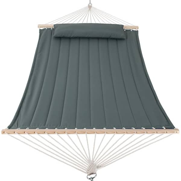 12 ft. to 15 ft. Quilted Double 2-Person Hammock with Hardwood Spreader Bar and Pillow in Gray Green