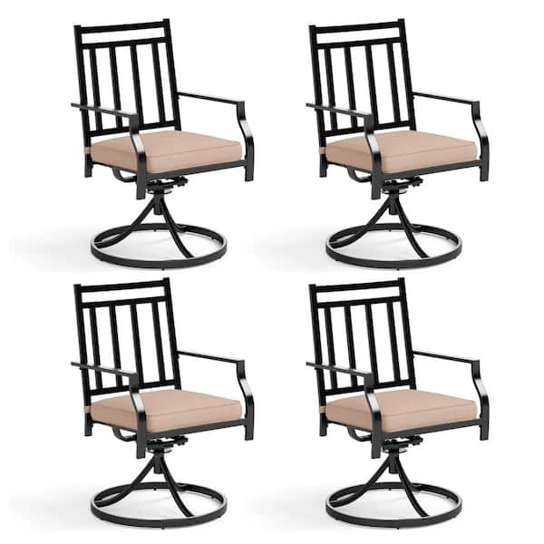 PHI VILLA Black Metal Stripe Patio Outdoor Dining Swivel Chair with