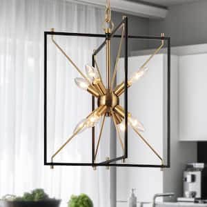 8-Light Black Modern Kitchen Island Chandelier, Sputnik Brass Hanging Pendant Light Caged Hanging Light