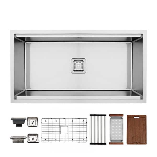 36 in. Undermount Single Bowl 16 Gauge Stainless Steel Workstation Kitchen Sink with Accessories