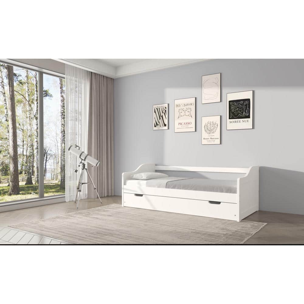 Dwell Home Inc Stella White Twin Curved Solid Wood Daybed Twin Trundle