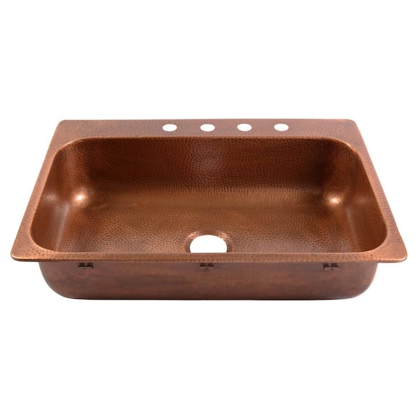 Angelico 33 in. 4-Hole Drop-In Single Bowl 17 Gauge Antique Copper Kitchen Sink
