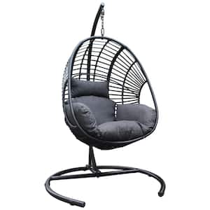 1-Person Black All-Weather Wicker Outdoor Patio Swing Chair with Stand and Seamless Steel Frame in Dark Gray Cushions