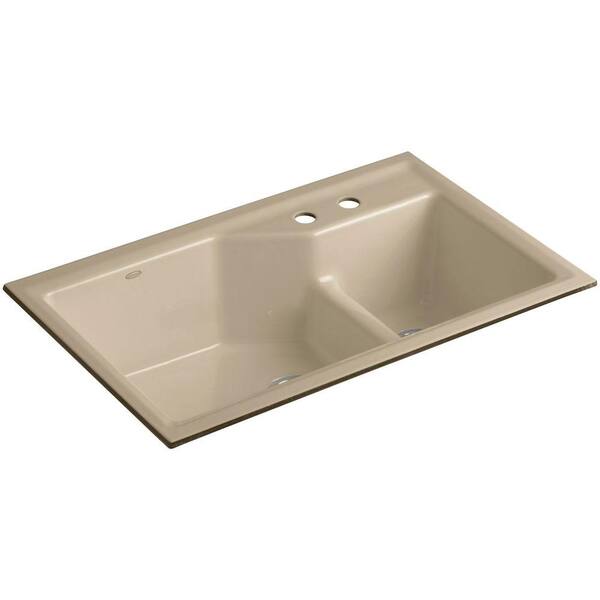 KOHLER Indio Smart Divide Undermount Cast Iron 33 in. 2-Hole Double Bowl Kitchen Sink Kit in Mexican Sand