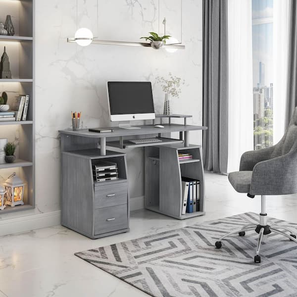 Techni Mobili Modern L-Shaped Desk with Side Shelves - Grey