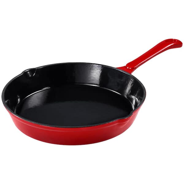 10 in. Cast Iron Nonstick Frying Pan Skillet with Lid in Red, Toxin-Free, Enamel Glaze, All Stove Compatible