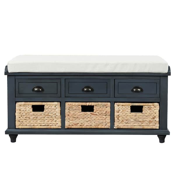 Asucoora Liberty Navy Blue Storage Bench with 3-Woven Basket (42 in. W x 15.5 in. D x 18.5 in. H)
