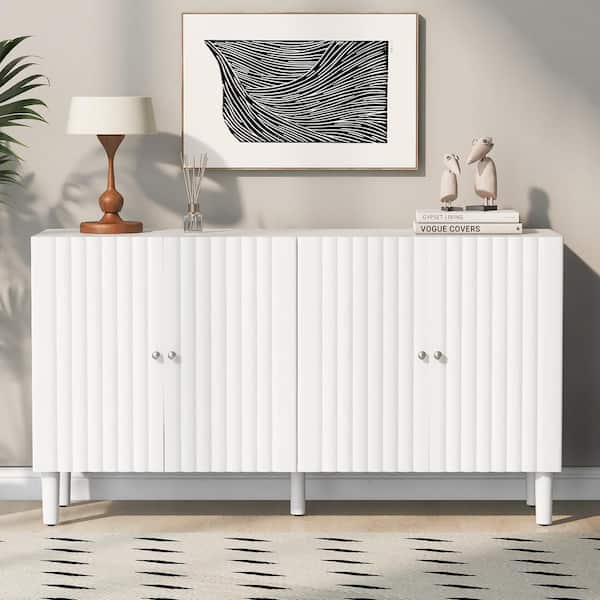 58.1 in. W x 16.6 in. D x 32.1 in. H White Linen Cabinet with Wavy