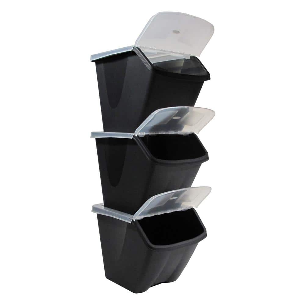 Black Stackable Plastic Storage Bin with Clear Lid
