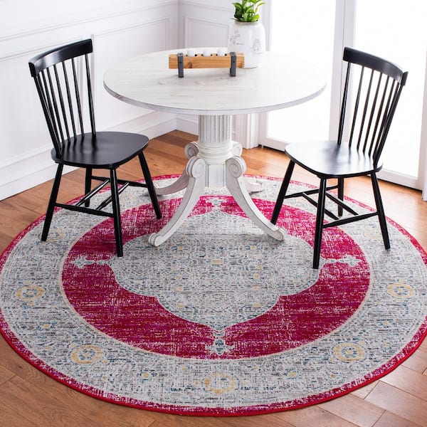Montage Rose/Gray 7 ft. x 7 ft. Distressed Traditional Indoor/Outdoor Round Area Rug