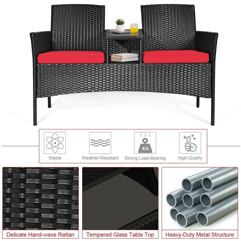 Compact Black Wicker Patio Loveseat with Red Cushions and Glass Table