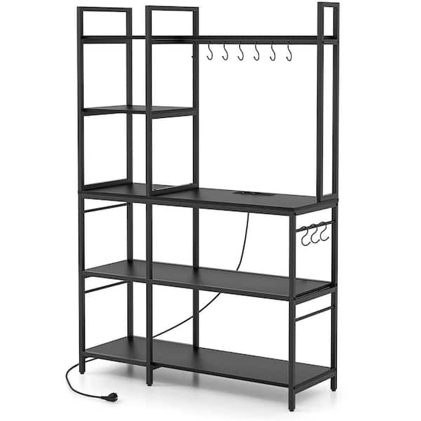 Costway Black 5-Shelf Metal 42 in. W Baker's Rack with 10 S-Shaped Hooks and Power Outlets
