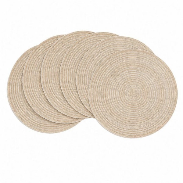 15 in. Round Beige Washable Cotton Braided Placemats for Kitchen Dining Table (Set of 6)