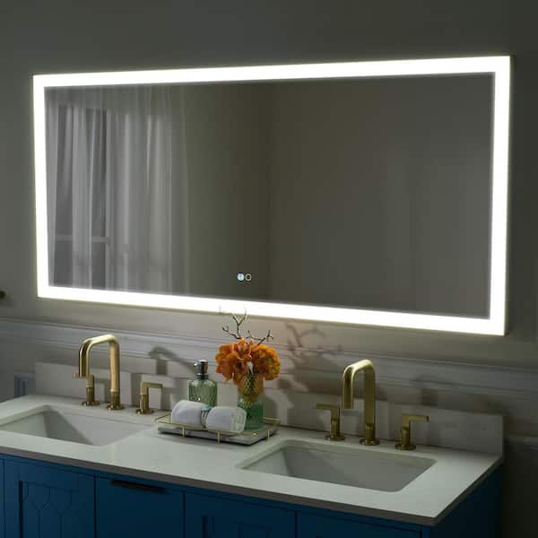 RECA 60 in. W x 28 in. H Rectangular Single Aluminum Framed Anti-Fog LED Light Wall Bathroom Vanity Mirror in Gold