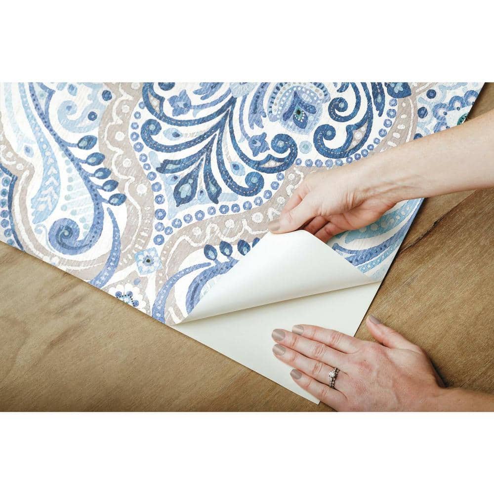 Blue and Tan Bohemian Damask Peel and Stick Wallpaper