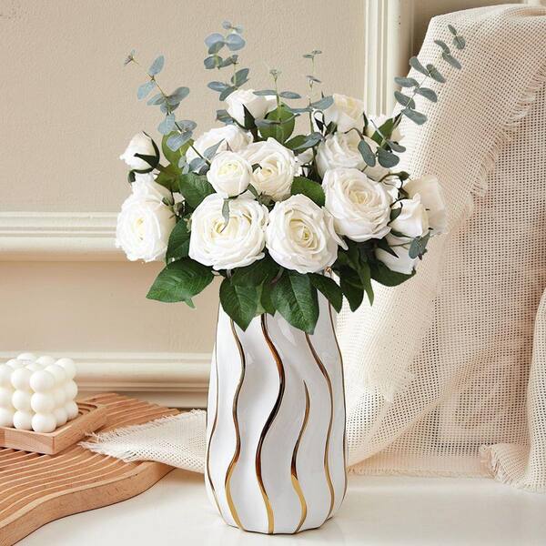 9 in. Vertical Stripe White Ceramic Cylinder Bottle Decorative