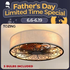 19.6 in. Indoor Bronze Low Profile Fabric Farmhouse Caged Enclosed Flush Mount Ceiling Fan with Light Kit and Remote