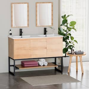 48 in. W x 18.1 in. D x 34 in. H Double Sink Freestanding Bath Vanity in Natural with White Resin Top with Outlet