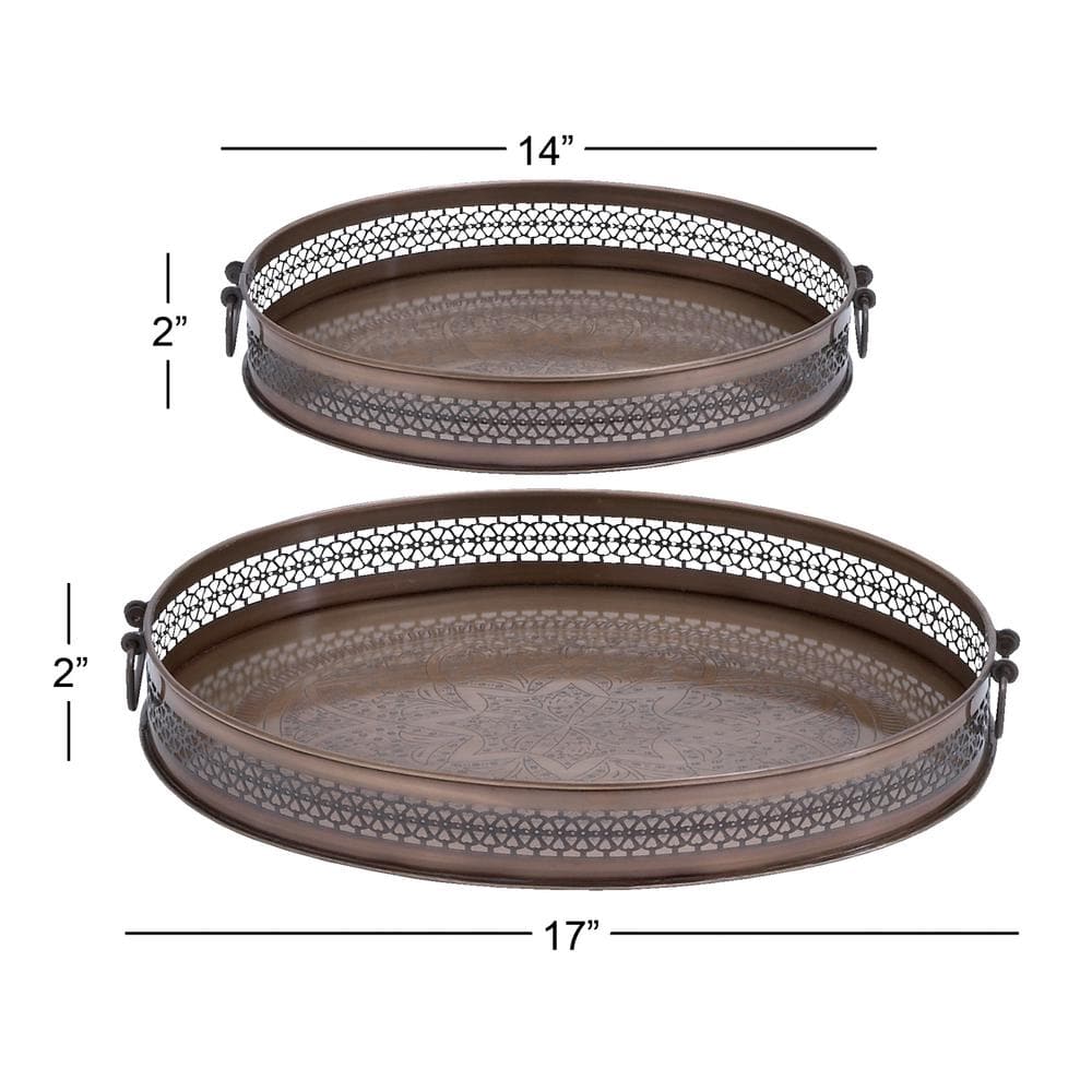 Brown Metal Oval Decorative Trays with Cut Out Design, Set of 2