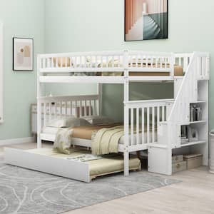 Classic White Full over Full Bunk Bed with Trundle and Storage Staircase