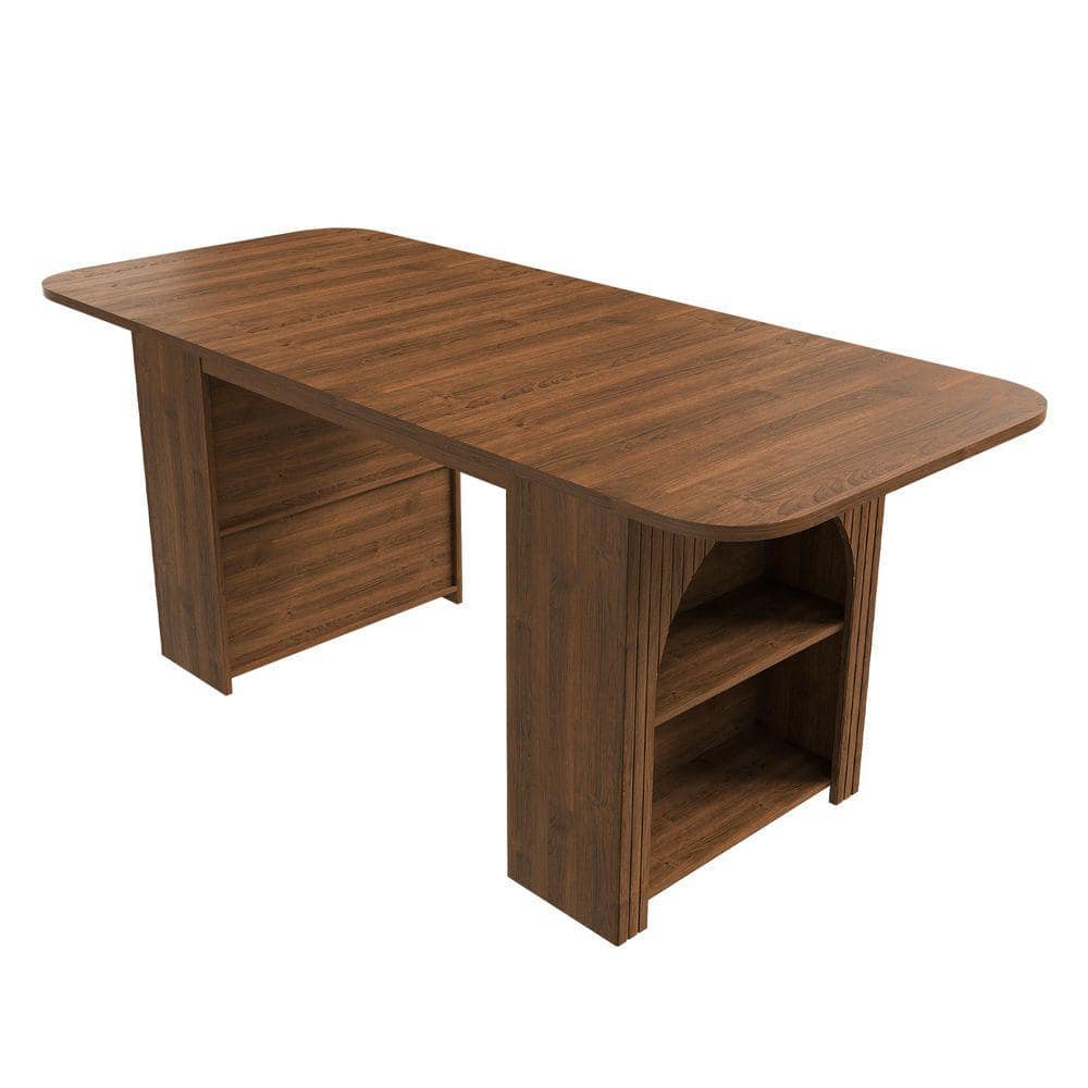 Walnut Finish Wood Kitchen Prep Table 70.87 in. Mid‑Century Dining Table with Drawers,