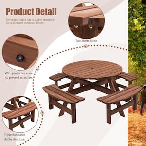 70.07 in. W Brown Circular Wooden Picnic Table 8-Person Umbrella Hole, 4-Benches