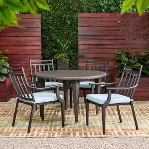 Delmar 29 in. Grey 5-Piece Faux Rattan Round Outdoor Dining Set with Light Teal Cushions