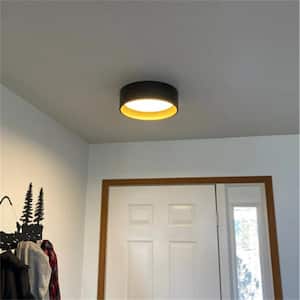 13 in. 1-Light Black and Wood Finish LED Flush Mount