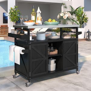 Outdoor Black Stainless Steel Top 50 in. Kitchen Island Cartwith 4-Hook Hanger, Bottle Opener, Spice Rack and Wheels