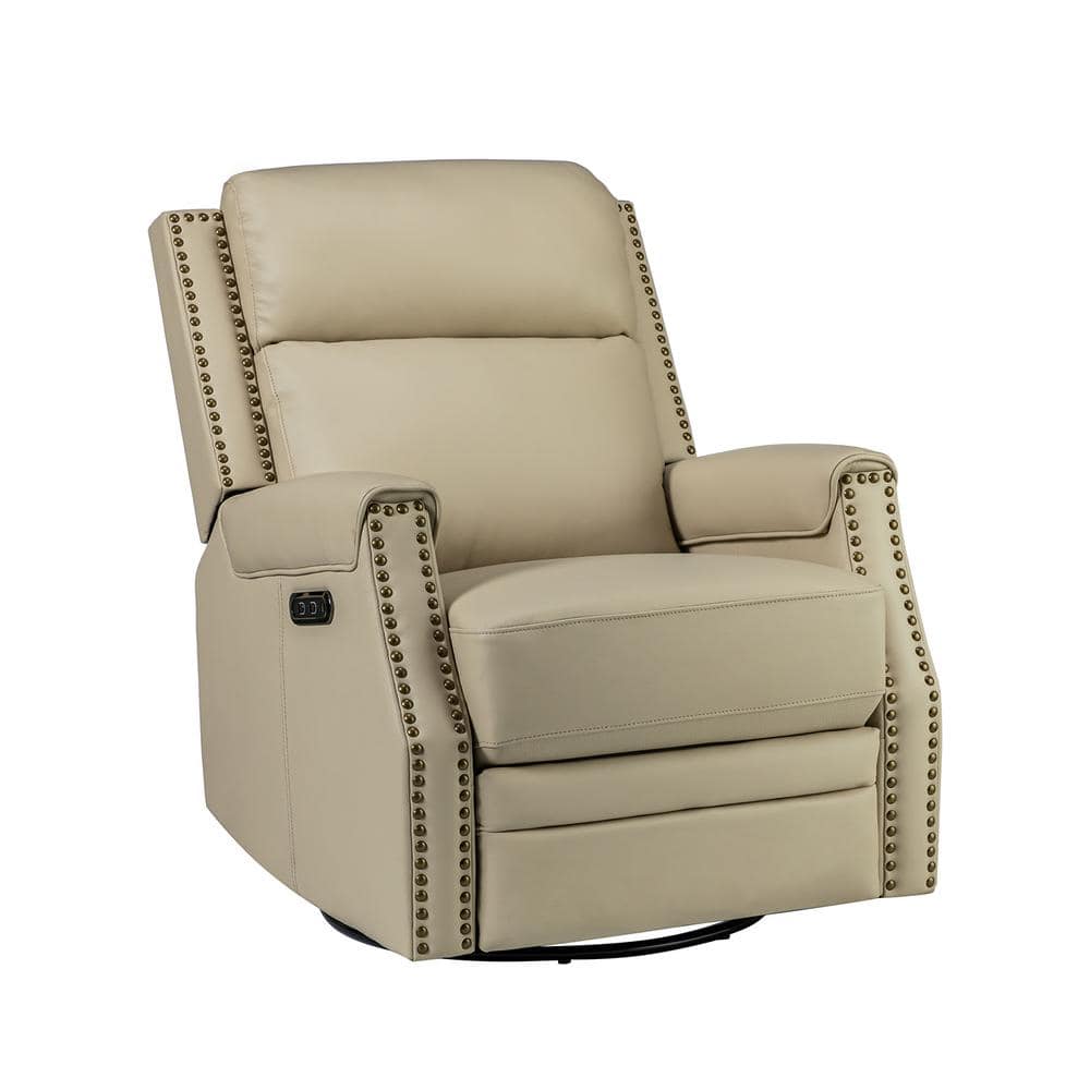 Jayden Creation Joseph Beige Genuine Leather Swivel Rocking Manual Recliner with Straight Tufted Back Cushion and Curved Mood Arms