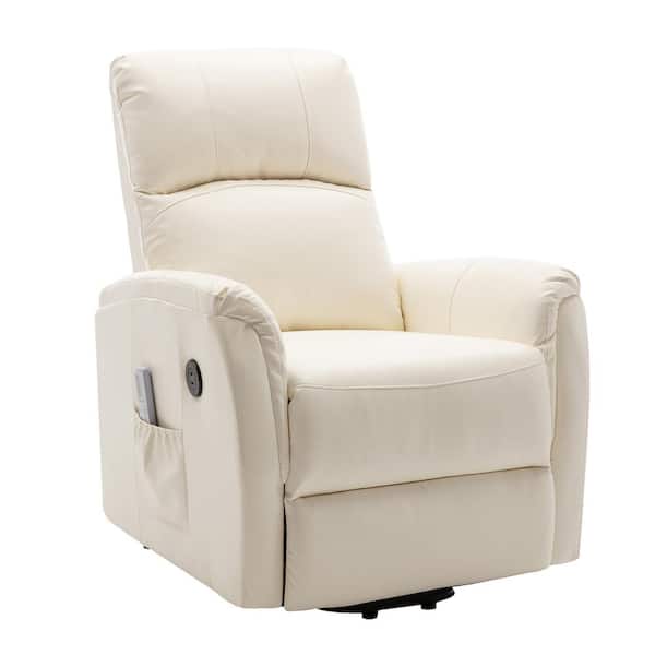 Recline Massage Chair With Heat Therapy, Ivory Leather Recliner