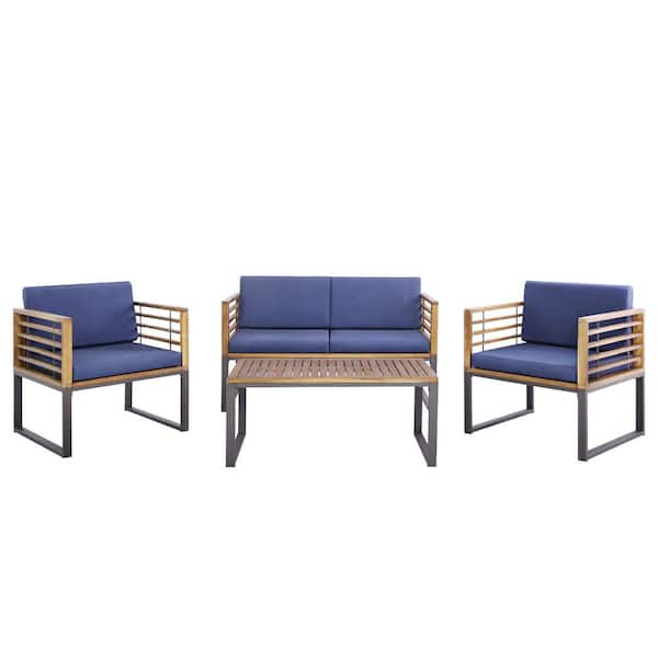 ANGELES HOME 4-Piece Acacia Wood Conversation Set with Navy Blue Cushion and Soft Seat