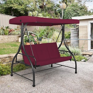 3-Person Steel Metal Outdoor Patio Swing Canopy Hammock with Wine Cushions