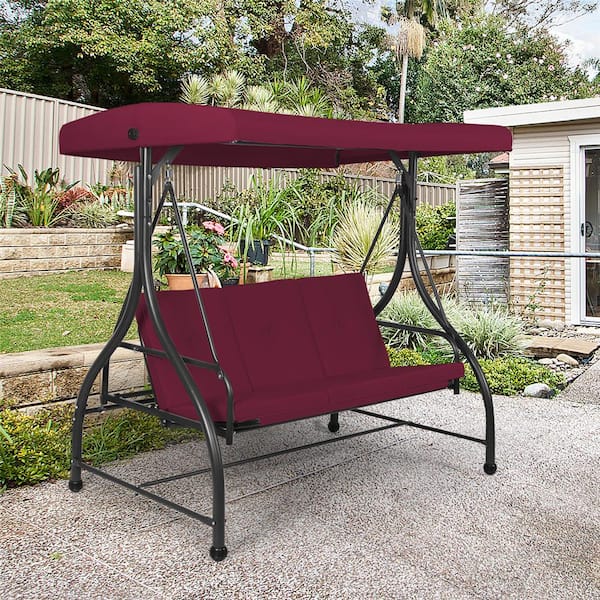 3-Person Steel Metal Outdoor Patio Swing Canopy Hammock with Wine Cushions