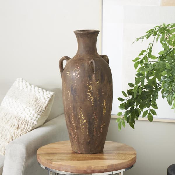 Litton Lane ,Antique Style Distressed Ceramic Decorative Vase with Handles, Dark Brown
