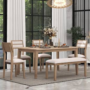 6-Piece Natural Wood Wash Brown Dining Set with Upholstered Chairs and Bench