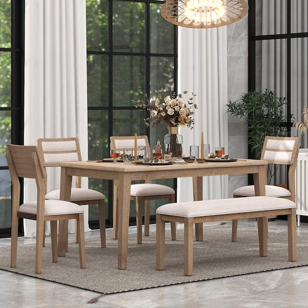 6-Piece Natural Wood Wash Brown Dining Set with Upholstered Chairs and Bench