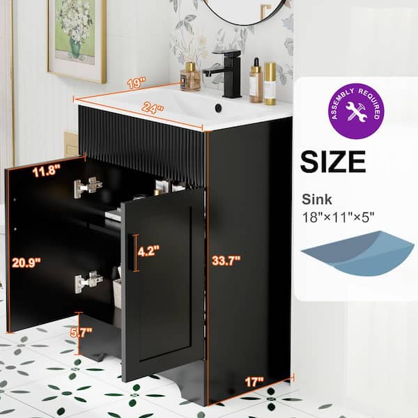 24 in. W. x 19 in. D x 33.7 in. H Single Sink Freestanding Bath Vanity Black with White Ceramic Top and Drain Faucet Set