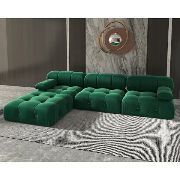103.8 in. Square Arm Velvet 4-Piece L Shaped Modular Free Combination Sectional Sofa with Ottoman in. Green